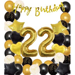 Snoes Ballonnen 22 Jaar Black Gold Dots Mega Ballon - Compleet Feestpakket Goud Zwart Stippen Cijferballon 22 - Verjaardag Versiering DIY Slinger Happy Birthday – Folieballon – Latex Ballonnen - Helium Ballonnen