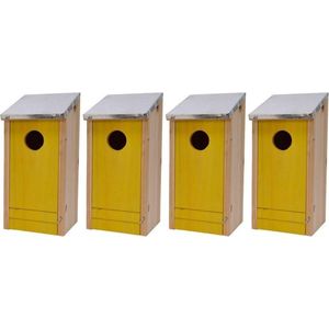 4x Houten vogelhuisjes/nestkastjes met gele voorzijde en metalen dakje 26 cm - Vogelhuisjes tuindecoraties