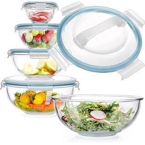 Glazen Mengkommen Set van 5 Glazen Kommen Met Deksels, Ruimtebesparende Nesting Kommen Antislip Salade Kommen BPA-vrij voor het Combineren van Opslag Koken