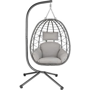 Hangstoel met frame, hangschommel voor binnen en buiten, incl. kussen en kussen, rieten stoel, hangstoel terras, eistoel, hangmand fauteuil, droomswinger, grijs