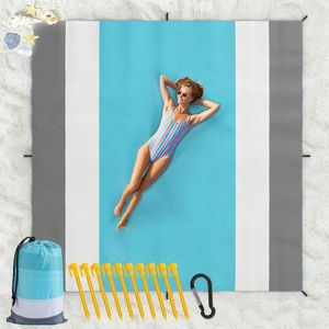 Extra Large Sandproof Beach Blanket - 118"" x 118"" - Quick Drying Picnic Mat with Stakes and Pockets for Adults - Beach Travel Camping Hiking - Mint Green White Gray
