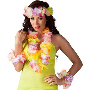 Toppers in concert - Boland Hawaii krans/slinger set - Tropische/zomerse kleuren mix geel - Hoofd en hals slingers- Party verkleed accessoires