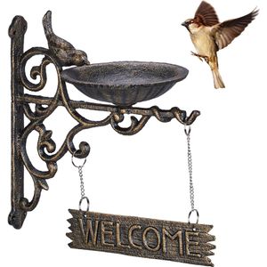 Relaxdays vogelbad gietijzer - welcome bordje - muur - hangende vogeldrinkschaal - brons