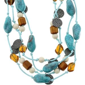 Behave Blauwe ketting van touw met meerdere lagen, turquoise steentjes en bruine kralen