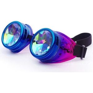 KIMU Goggles Steampunk Bril - Blauw Paars Montuur - Caleidoscoop Glazen - Spacebril Burning Man Rave Space Zijkleppen Kaleidoscope Fairy Festival