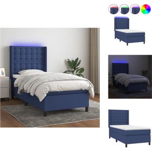 vidaXL Bed One - Boxspring 90 x 200 - Blauw stof - Verstelbaar hoofdbord - LED-verlichting - Pocketvering matras - Huidvriendelijk topmatras - 150 cm LED-strip - USB - Bed