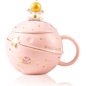 Yalucky Kawaii Astronaut Mug Planet Cup with Space Embossing Cute Ceramic Coffee Mug Novelty Mug with Lid and Spoon for Coffee, Tea and Milk, Funny Gift Birthday (Pink)