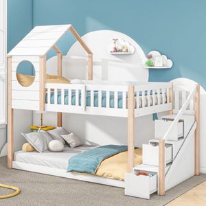 Boomhut kinderbed, in- en uitstappen, tweepersoonsbed, kinderbed in huisvorm, ladderkast, grenenhouten huisbed voor kinderen, 90 x 200 cm, zonder matras,