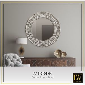 LW Collection wandspiegel bruin vintage rond 60x60 cm hout - grote spiegel muur - industrieel - woonkamer gang - badkamerspiegel - muurspiegel slaapkamer bruine rand - hangspiegel met luxe design