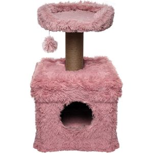 Topmast Krabpaal Fluffy Lima - Roze - 39 x 39 x 72 cm - Made in EU - Krabpaal voor Katten - Met Kattenhuis - Sterk Sisal Touw