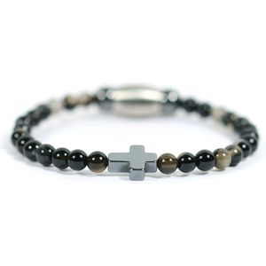 Kinderarmband agaat zwart 4mm hematiet kruisje - Ibizamen KIDS - 15cm