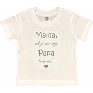 T-shirt Kinderen ""Mama, wil je met mijn papa trouwen?"" | korte mouw | wit/grijs | maat 122/128