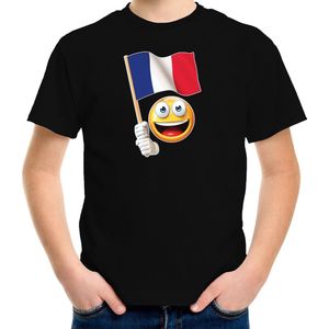 Frankrijk emoticon t-shirt met Franse vlag - zwart - kinderen - Frankrijk fan / supporter shirt - EK / WK 122/128