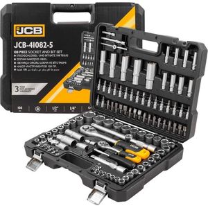 JCB Professionele 108-Delige Dopsleutel Set - Met Ratel, Momentsleutel & Verlengstuk - Hoogwaardig Chroom-Vanadiumstaal - Snelwisselsysteem - 1/4"", 1/2"" Inch