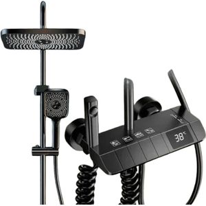 Rustive Regendouche - Badkamer Douche Kraan Set - 4 Functies - Digitale Display - Thermostaat - Warm & Koud - Koperen Kraan - Zwart