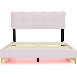 Gotagee Gestoffeerd bed 140 x 200 cm, jeugdbed, tweepersoonsbed met ledverlichting met rugleuning met lattenbodem, fluwelen stof, hoge metalen poten, roze (matras niet inbegrepen)