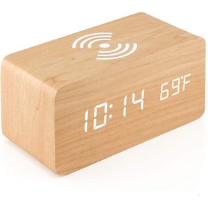 Houten wekker met draadloos opladen - Thermometer functie - Alarm wekker - Digitaal - QI wireless charger - Smartphone - Apple Iphone samsung - Gratis adapter - Beige