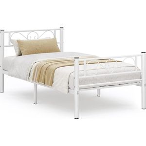 Metalen bedframe van een enkel bed frame, geschikt voor een matras van 90 x 190 cm, voor volwassenen en kinderen, geen doosveer vereist, gemakkelijke montage, voor kleine ruimtes, wit