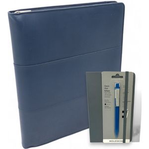 Leren Schrijfmap - Moleskin boekje en pen- Conferentiemap - Documentenmap A4 - Tablethoes & Laptopsleeve - Uitneembare Ringband - Navy blauw