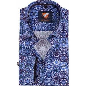 Suitable - Overhemd Blauw Paars Dessin - 43 - Heren - Slim-fit