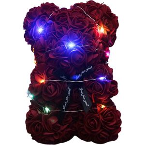 Rozen Teddy Beertje - Rozen Beer - Rose Bear - Valentijn Cadeautje Voor Haar & Hem - Vrouw - Bordeaux Rood Met Licht