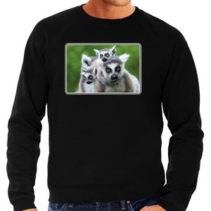 Dieren sweater met maki apen foto - zwart - voor heren - natuur / ringstaart maki cadeau trui - kleding / sweat shirt XXL