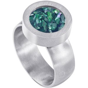 Quiges RVS Schroefsysteem Ring Zilverkleurig Mat 17mm met Verwisselbare Donkerblauwe Vlokjes Schelp 12mm Mini Munt