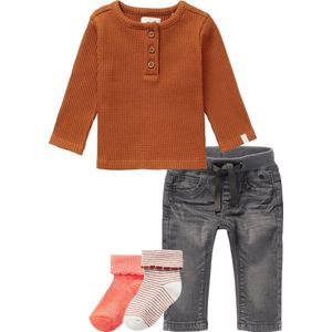 Noppies - Kledingset - Jeans Grey denim - Shirt Bruin - 2p sokken - Maat 68