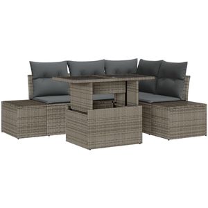 vidaXL - 5-delige - Tuinbankenset - met - Kussens - Grijs - Poly - Riet