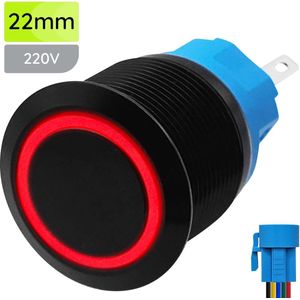 ProRide Metalen Pulsschakelaar 220V OFF-(ON) - 22mm - Momentschakelaar met Aansluitkabel - Spatwaterdicht - LED Indicatie Rood