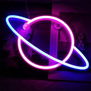 LED Neon Wandlamp ""Planeet"" - Op Batterijen en USB - 30x18x2cm - Blauw/Roze
