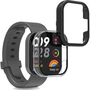 kwmobile 2x cover geschikt voor Xiaomi Redmi Mi Watch Lite 3 / Redmi Watch 3 - Fitnesstracker cover van gehard glas en kunststof frame set transparant / zwart