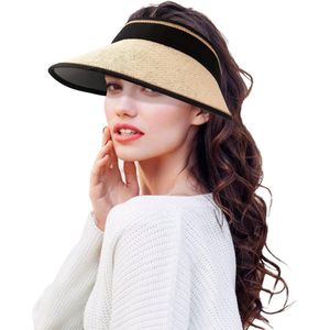 Wide Brim Sun Hat Adjustable Sun Visor Ponytail Beach Hat Sun Protection Outdoor Beige M