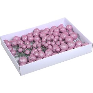 100x Roze glitter mini kerstballen stekers kunststof 2, 3 en 4 cm - Kerststukje maken onderdelen