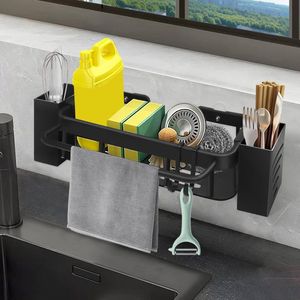 Roestvrijstalen keukenorganizer voor wastafel - sponshouder met 2 staafjeshouders en 2 haken - plank en handdoekhouder vaatdoekhouder