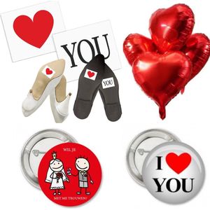 Ballon, button en schoensticker set I Love You 8-delig - aanzoek - valentijn - button - i love you - ballon - hart - schoensticker