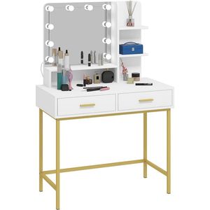 WARRAICH-Kaptafel met LED-verlichting en spiegel – wit-gouden design, 90x137x45 cm