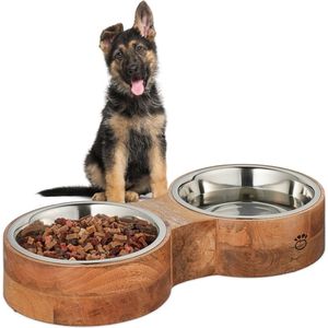 Relaxdays dubbele hondenvoerbak met standaard - eetbak - waterbak - rvs & hout - 2,2 liter