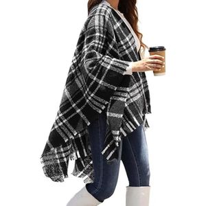 Poncho Cape dames warm open voorkant bedrukt gebreide plaid kwastje sjaal wrap oversized deken vest trui sjaal jas - Zwart+wit