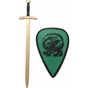 roofridderzwaard met ridderschild groen met draak kinderzwaard houten zwaard ridder schild