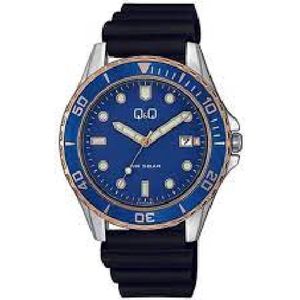 Q&Q A172J382Y - Horloge - Analoog - Mannen - Heren - siliconen band - Rond - Staal - Cijfers - Streepjes - Datumaanduiding - Zwart - Zilverkleurig - Rosékleurig - Blauw