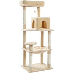 HDJ Kattenboom XL - Multi-Level Cat Tower - Ruime hangmat - Sisal Scratching Posten - Luxe Kattenhuis - Krabpaal - Katten - 143 cm - Indoor Beige