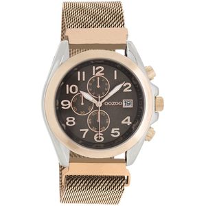 OOZOO Timepieces - Zilverkleurige horloge met rosé goudkleurige metalen mesh armband - C10731
