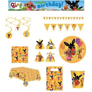 Bing het konijn - Feestpakket - Versiering - Verjaardag - Kinderfeest – Vlaggenlijn - Happy Birthday slinger - Plafonddecoratie swirl hangers - Bordjes - Servetten – Tafelkleed - Uitdeelzakjes - Feesthoedjes.