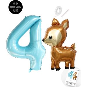Snoes - Bambi Basis ballon set XXL Cijferballon Baby Blue 4 - Lief Hert + Cijfer Ballon 4 Jaar - Helium Geschikt