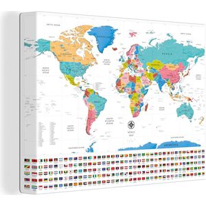 Canvas Wereldkaart - 120x90 - Wanddecoratie Wereldkaart - Kleuren - Vlag
