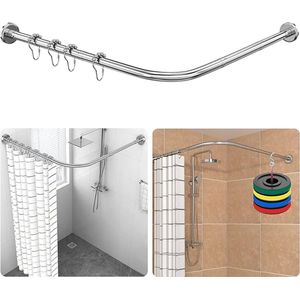 Verstelbare L-vorm incl. 24 ringen douchegordijnhoekstang zonder boren en zonder plafondhouder uitbreidbaar douchestang hoek veilig bad en douche (zilver, 70-100×70-100cm)