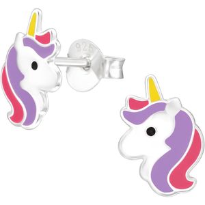 Joy|S - Zilveren eenhoorn oorbellen - 7 x 10 mm - zilver met paars geel en donker roze - unicorn oorknoppen - kinderoorbellen