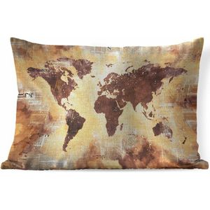 Sierkussens - Kussen - Wereldkaart van paarse en oranje verf op achtergrond van krantenpapier - 50x30 cm - Kussen van katoen