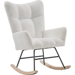 Merax Schommelstoel Teddy Wit met Hoge Rugleuning en Armleuningen – Comfortabele Relaxstoel voor Woonkamer Slaapkamer of Babykamer – Ergonomisch en Zacht